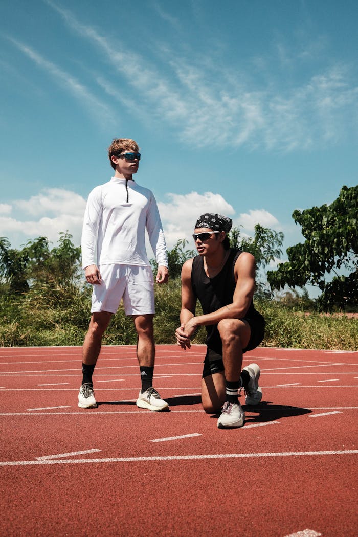 Two male athletes on a running track preparing for a training session under a clear sky.